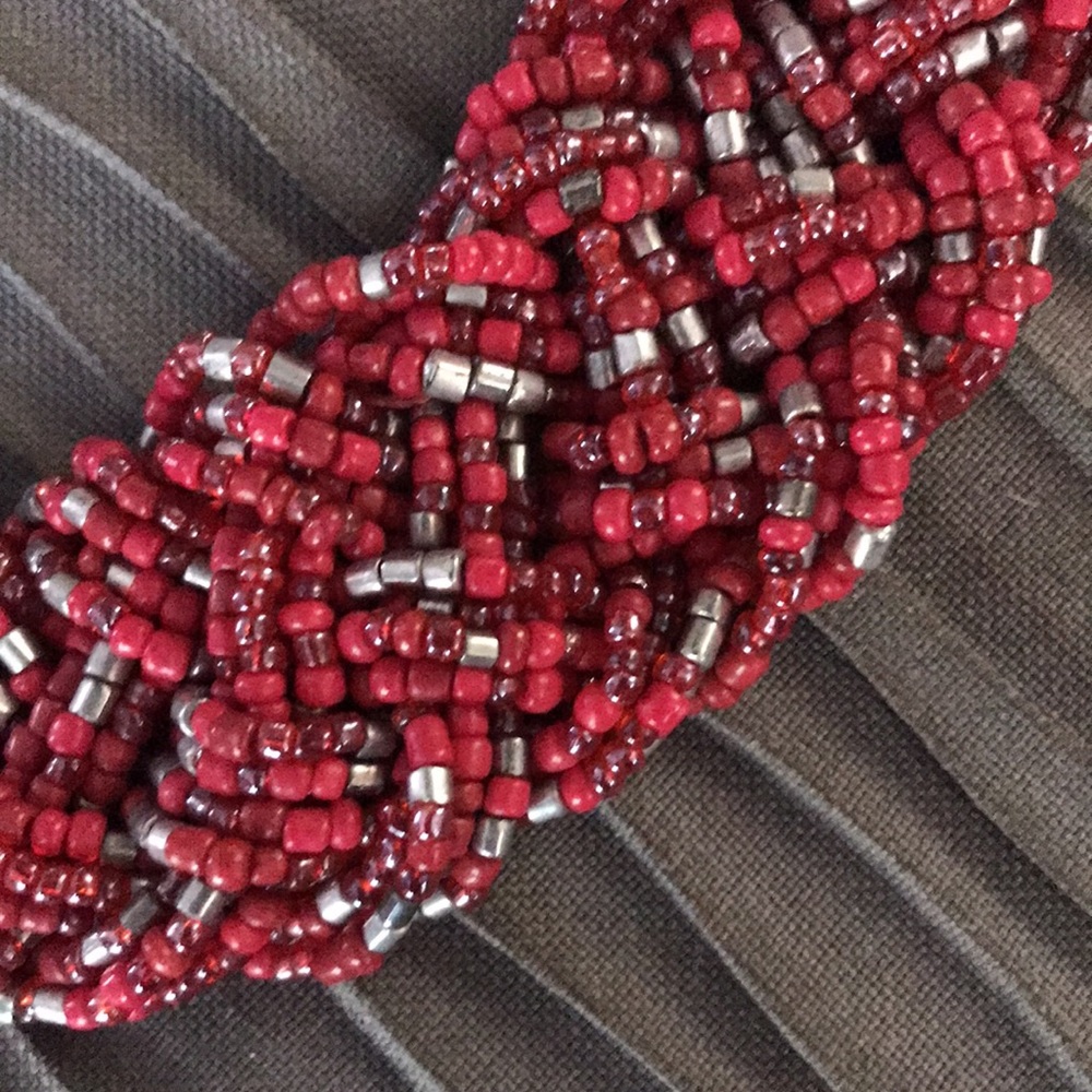 Red Beaded Braid Statement Necklace Silver Tone 1… - image 3